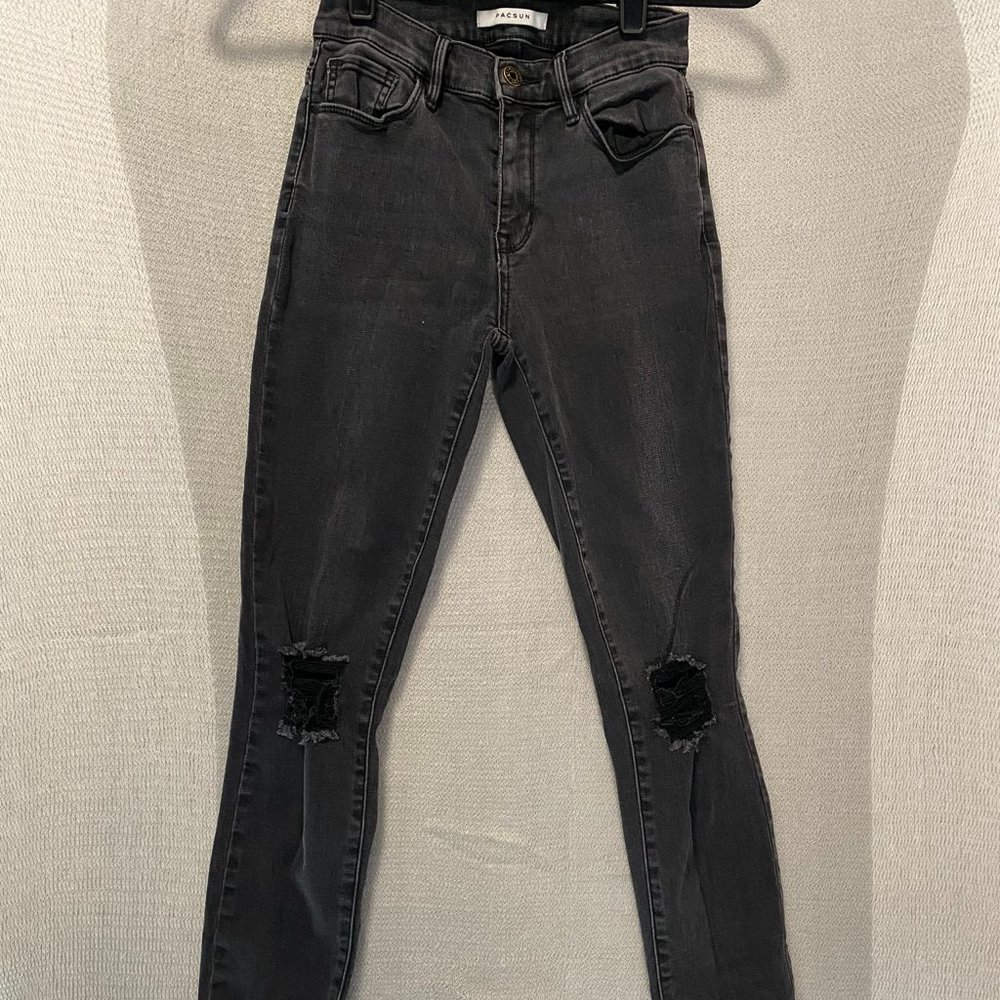 PacSun Jeans Womens Sz 24 Black Skinny Distressed High Rise Jegging raw hem.